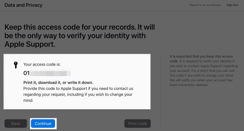Access code for Apple account deletion
