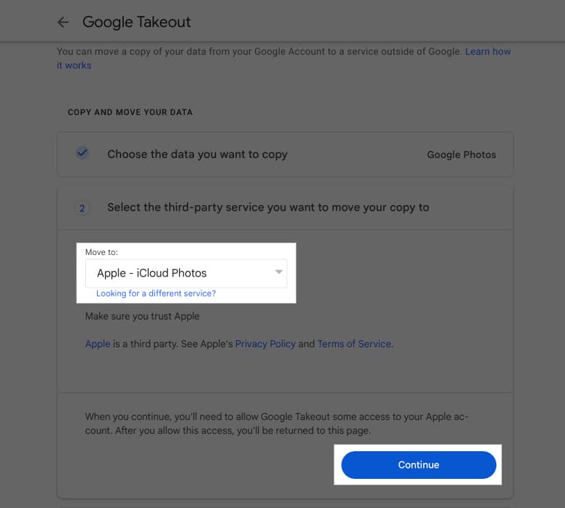 Selecting Apple iCloud Photos as the third party service to move Google Takeout copy to