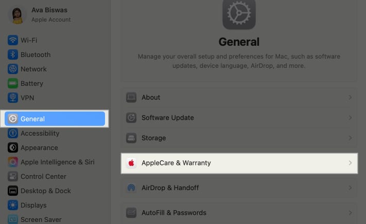 AppleCare Warranty option in the macOS Settings app