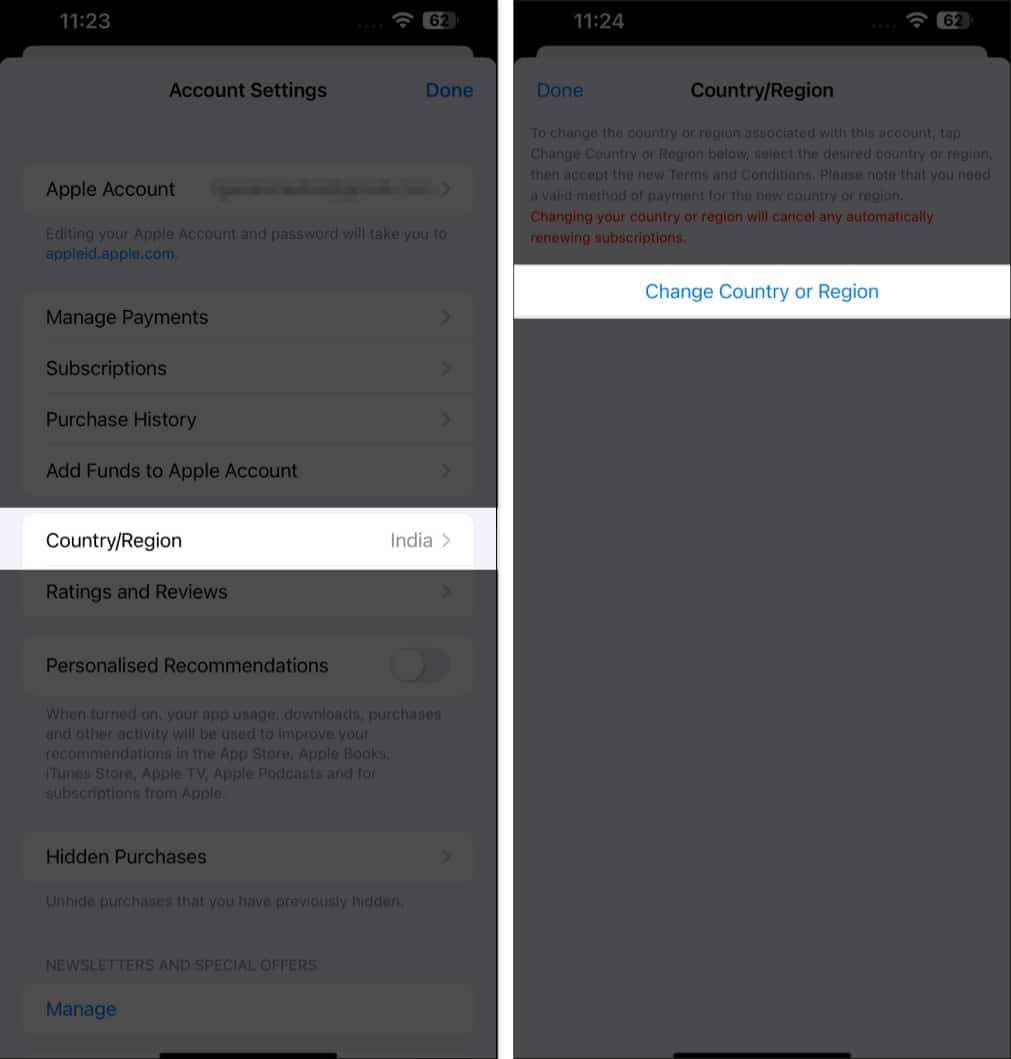 Change Country or Region option under App Store settings