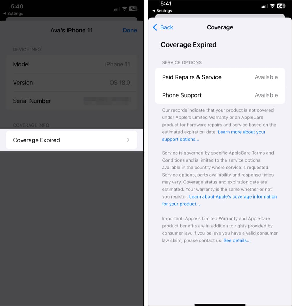 iPhone warranty details on the Apple Support app