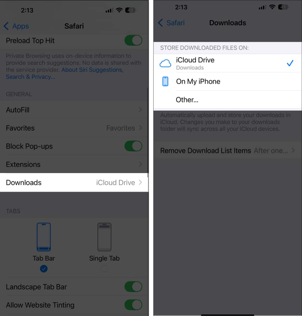 Changing download location for Safari downloads in iPhone Settings