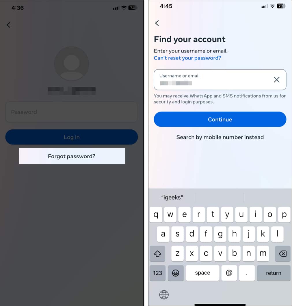 Find Your Account screen on the Instagram app on an iPhone