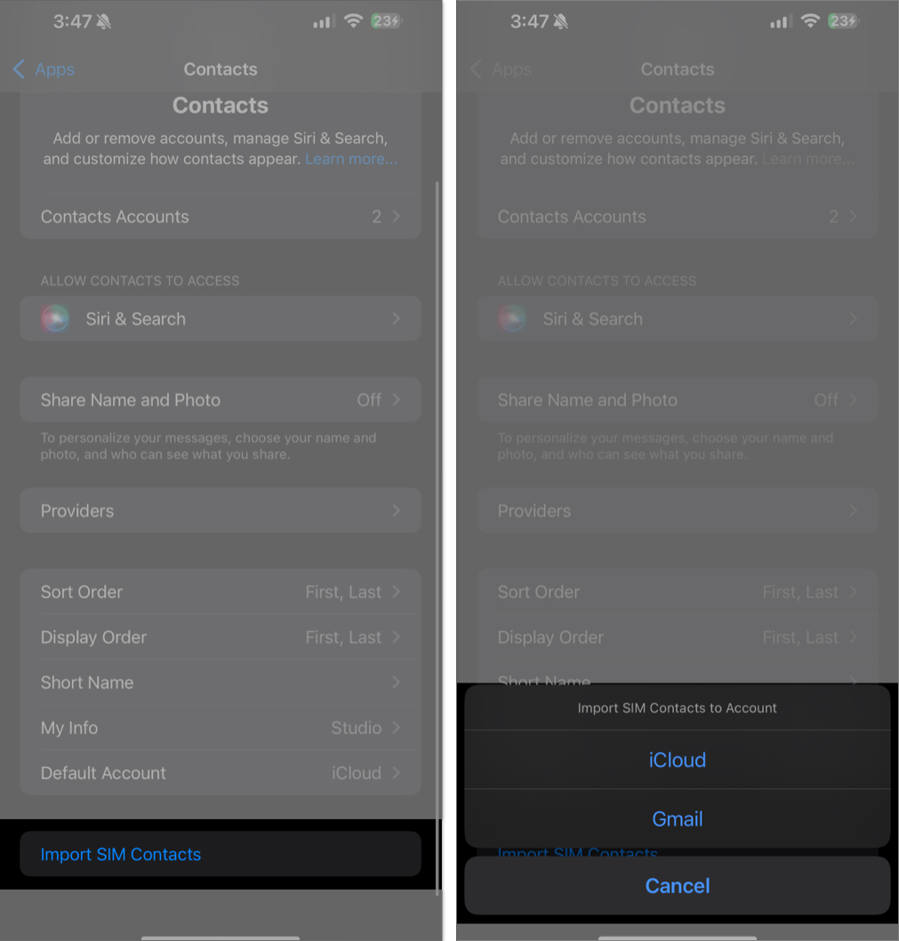 Selecting which account to import SIM contacts to on an iPhone.