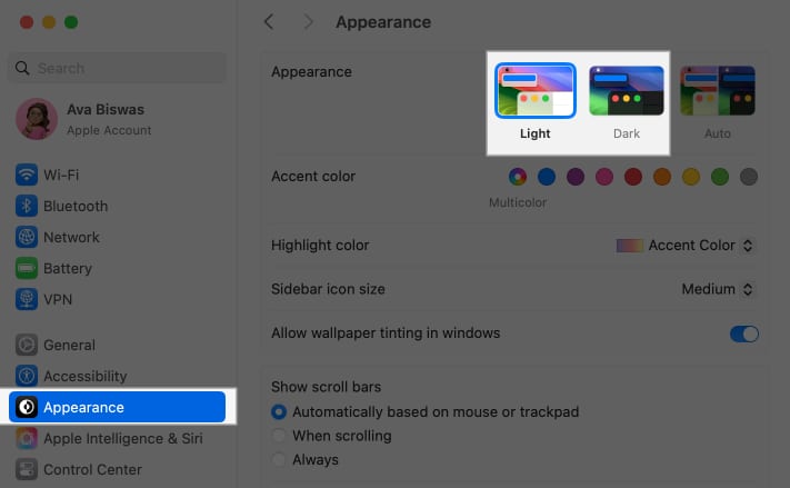 Select Light or Dark in Appearance settings on Mac