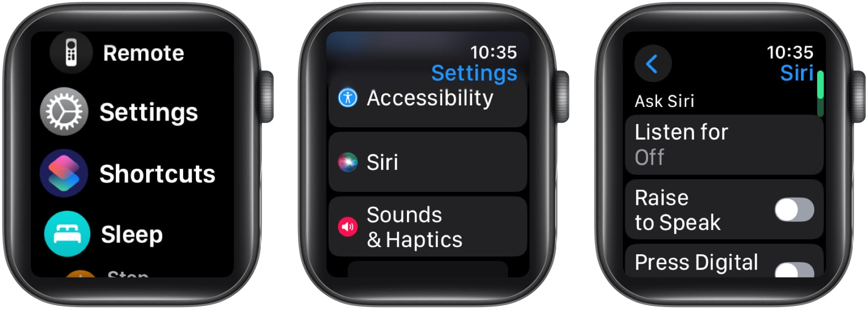 Enabling Listen For in Siri settings on an Apple Watch