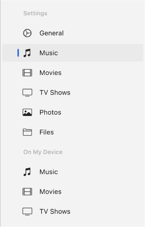 Music option in the left pane in the Apple Devices app.