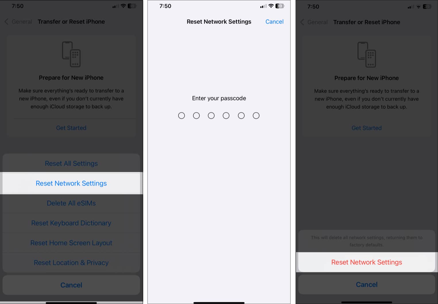 Reset Network Settings option to reset an iPhone's network settings.