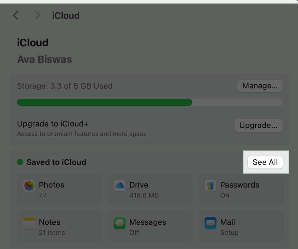 iCloud settings in the Mac System Settings app