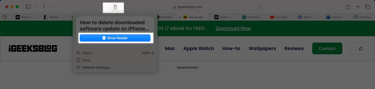 Show Reader button in Safari address bar in macOS Sequoia