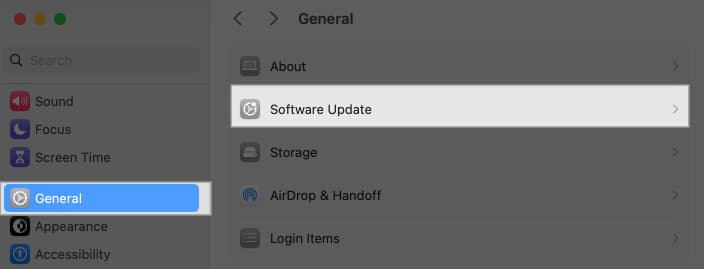 Software Update option under General settings on a Mac