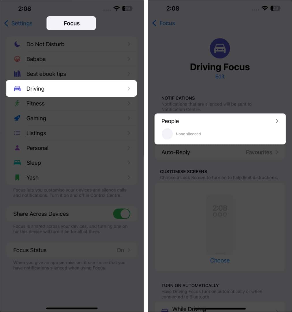 Select focus mode to add people to silence notification on iPhone