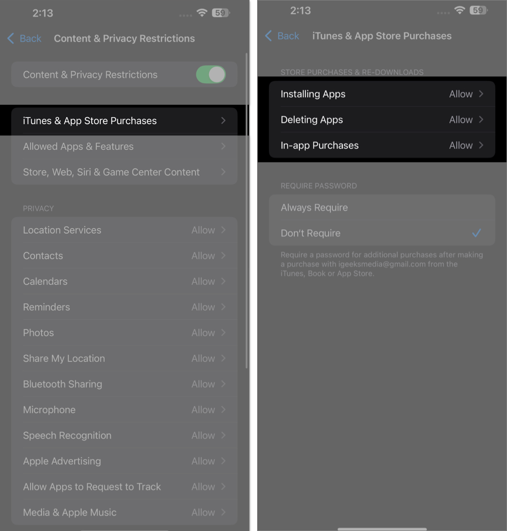 Select iTnes and App Store Purchases and Allow all options