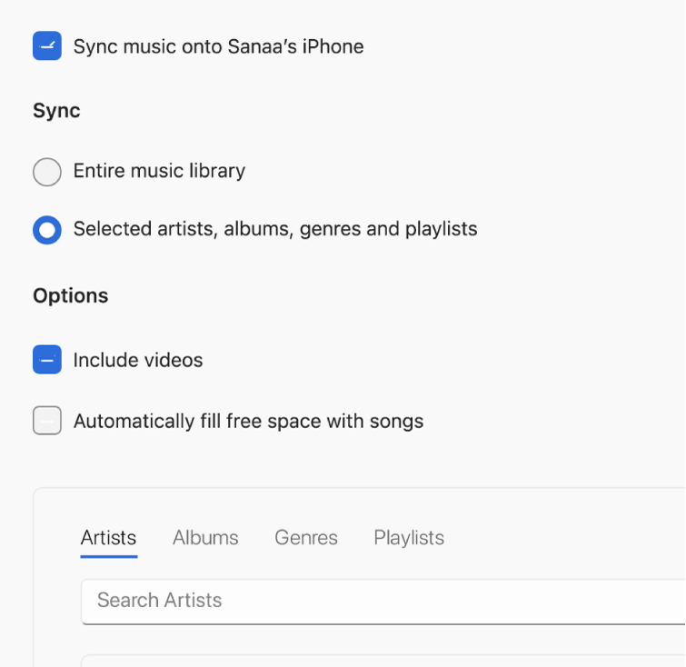 Sync options for music and video in the Apple Devices app.