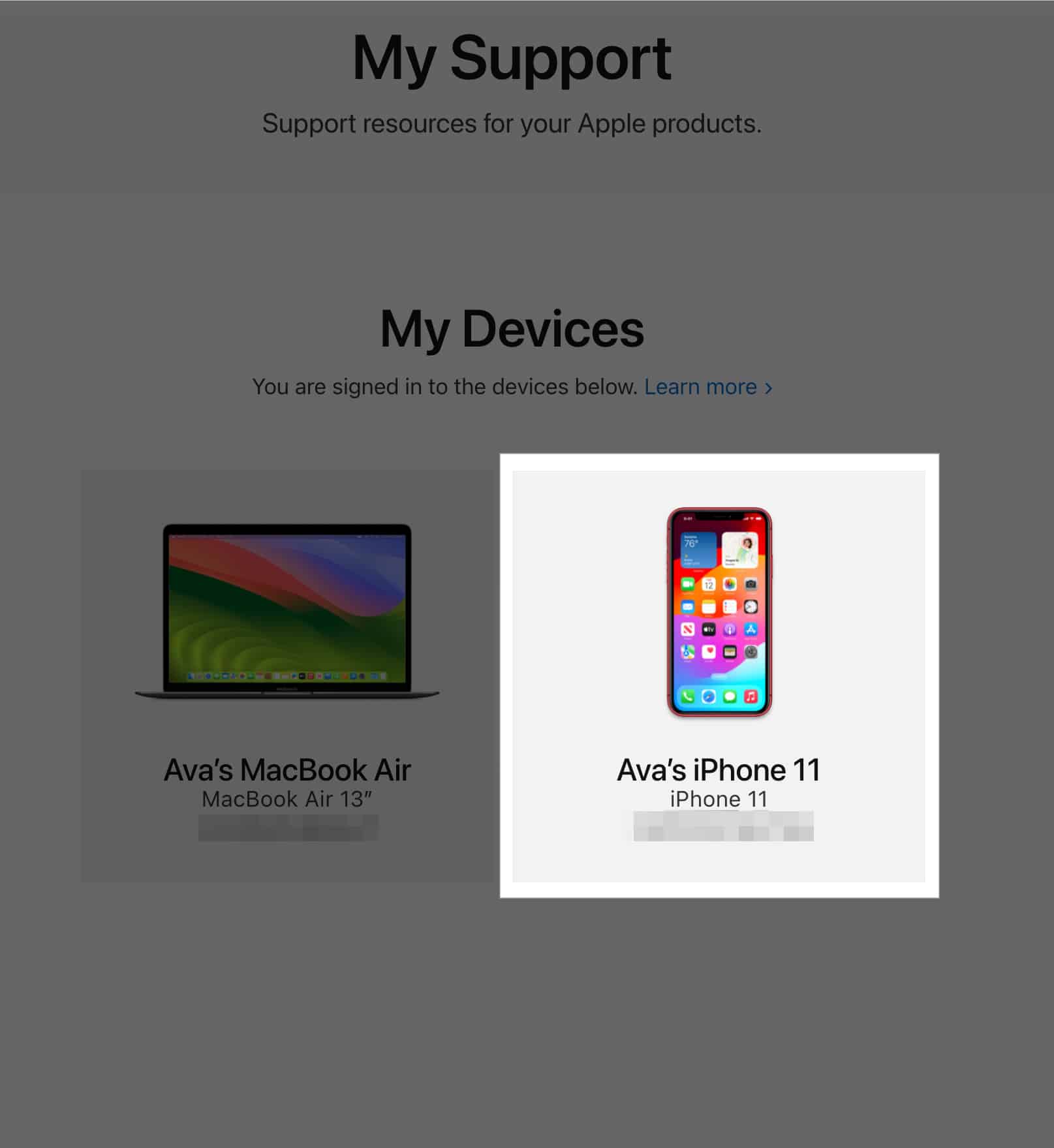 Selecting a device on the My Support page to check its warranty status