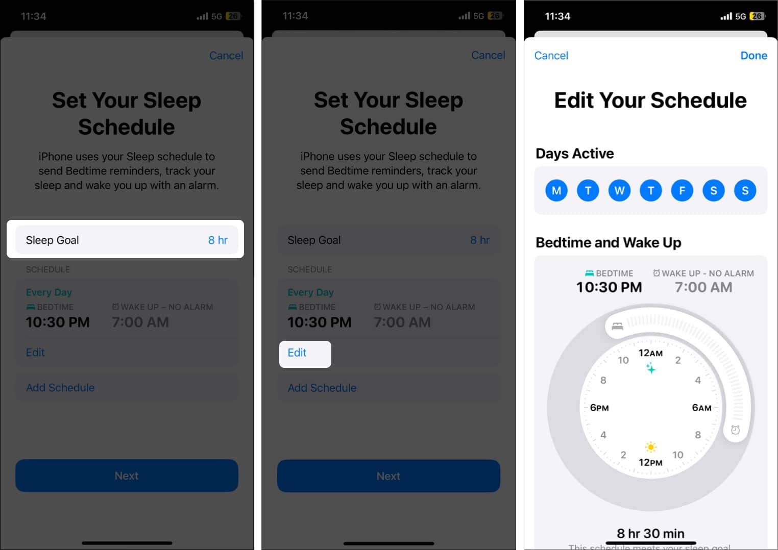 Editing a Sleep Schedule in the Watch app on an iPhone