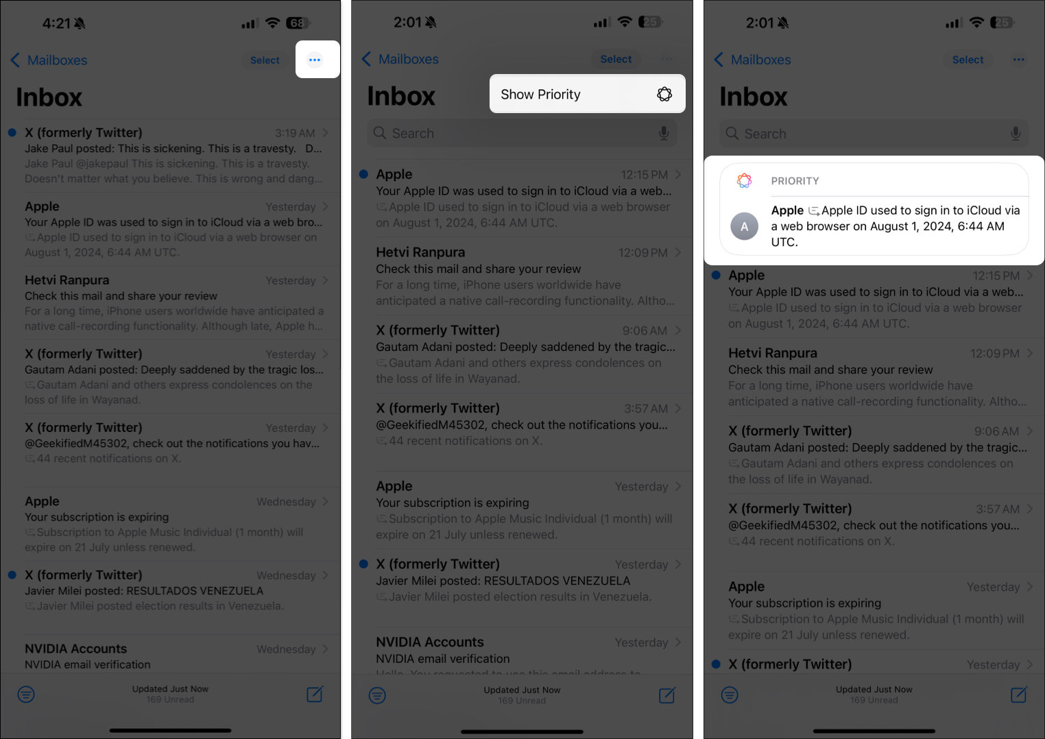 Show Priority feature of Apple Intelligence in the Mail app on an iPhone.