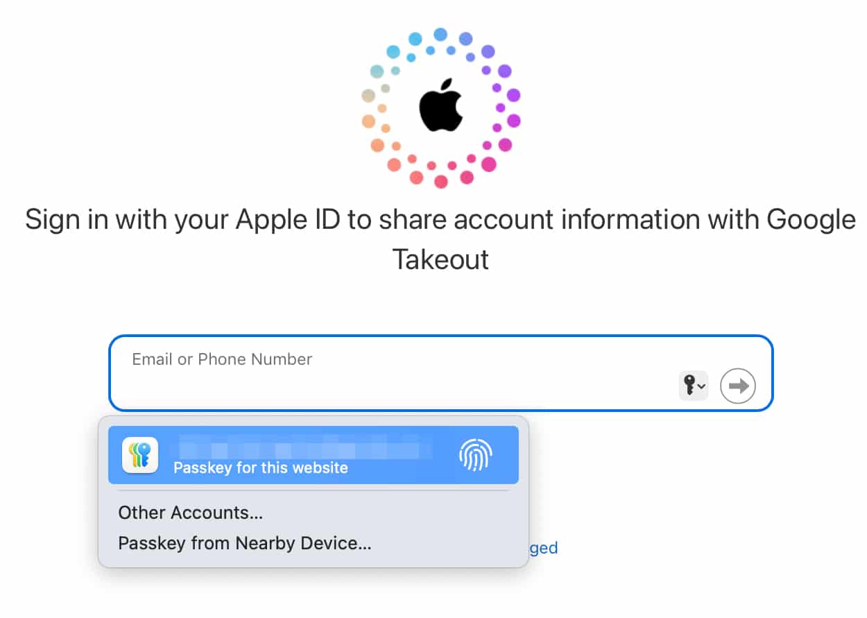 Signing in with Apple ID to share information with Google Takeout