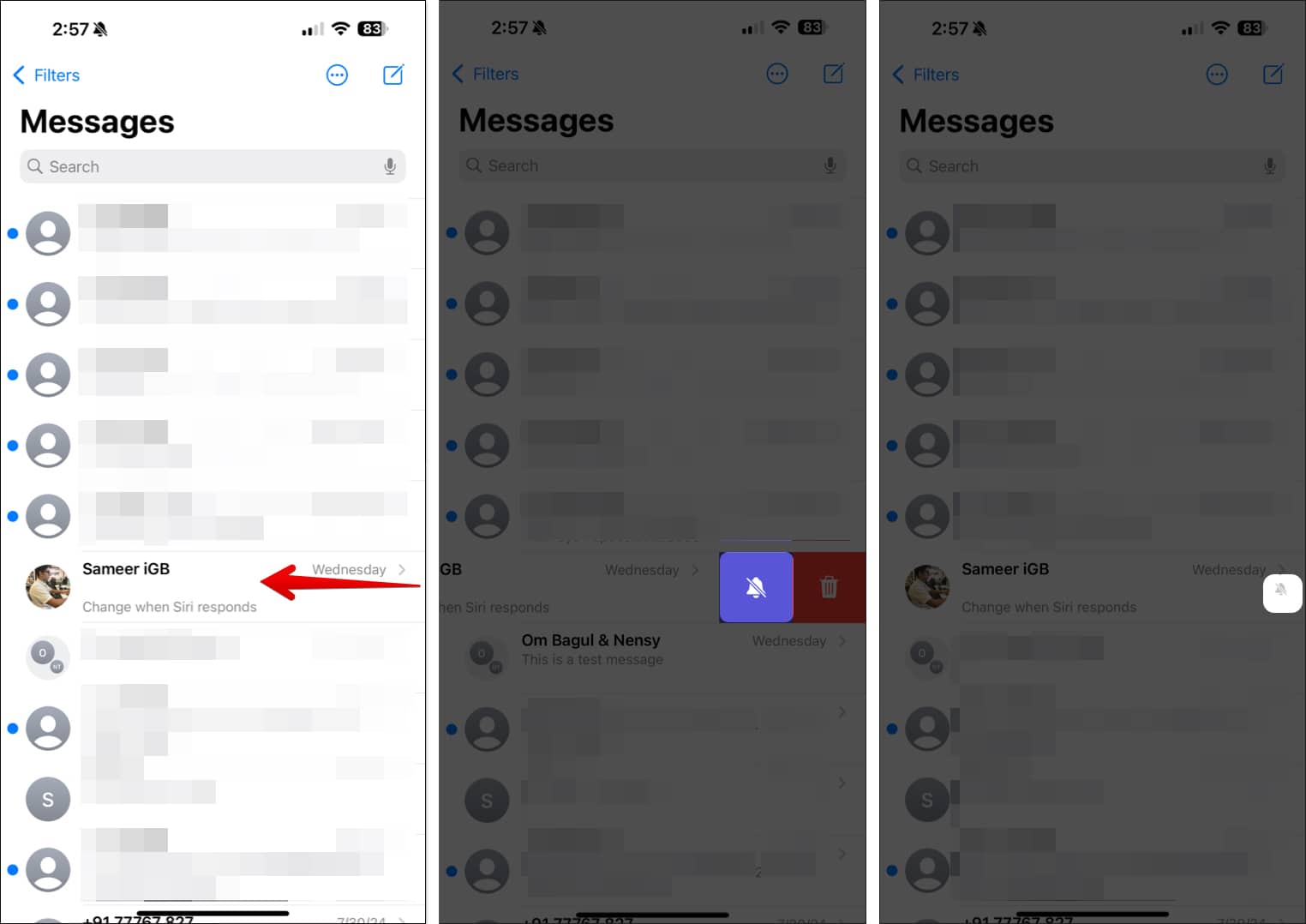 Silencing notifications from a conversation in the Messages app on an iPhone