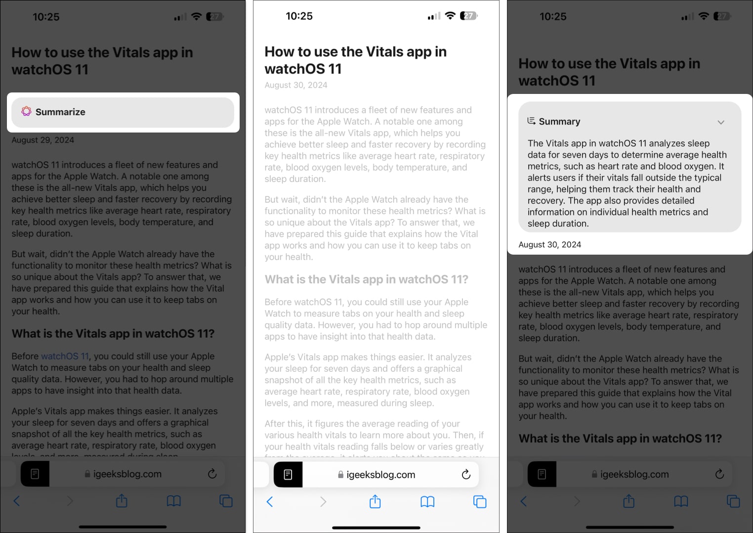 Summarizing a webpage in Safari on an iPhone using Apple's Summarize feature.