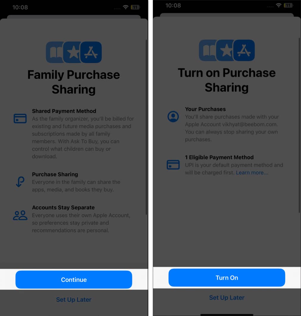 Tap on Continue and Turn on button in Family Purchase Sharing