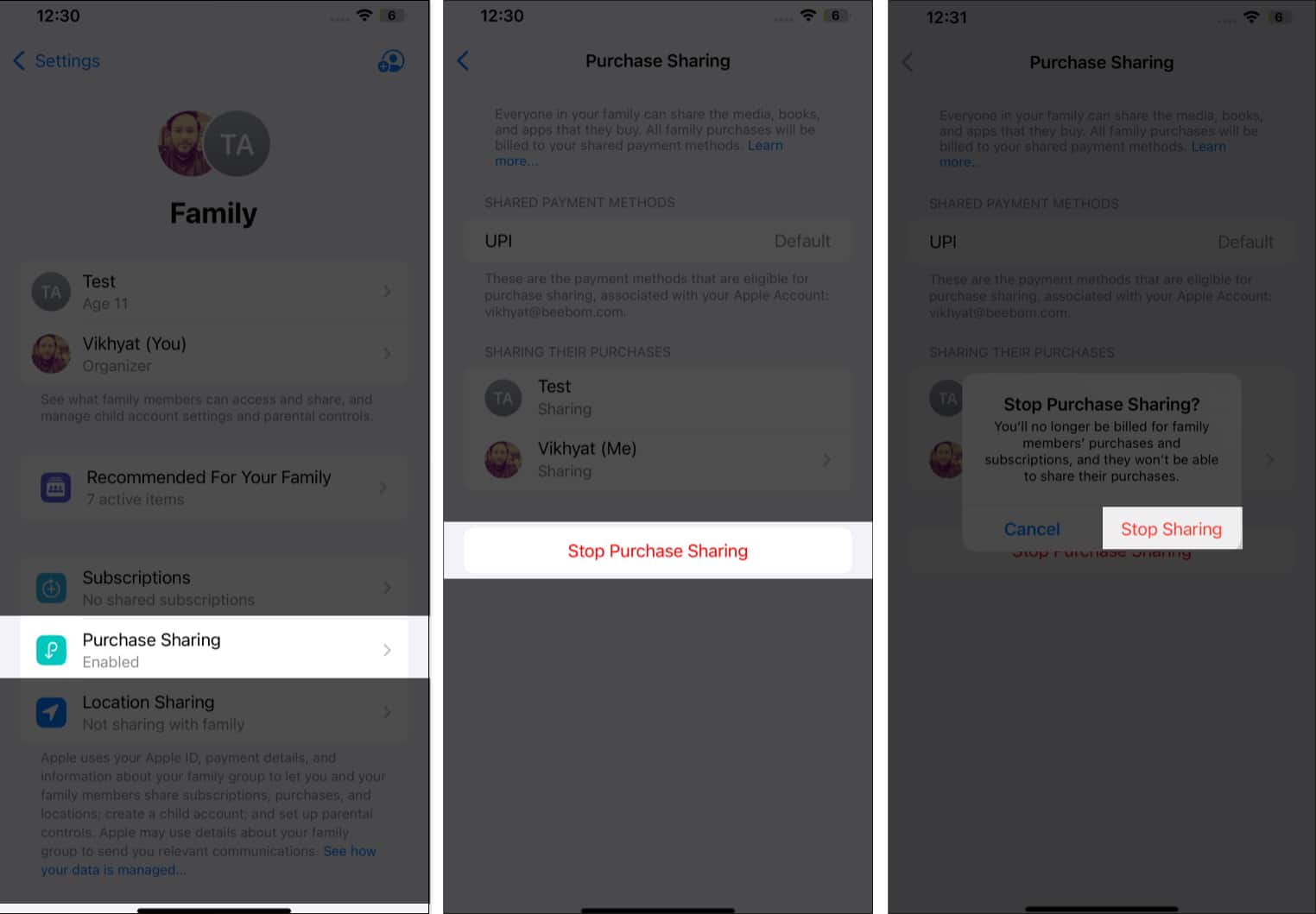 Tap on Stop Sharing prompt in Purchase Sharing settings