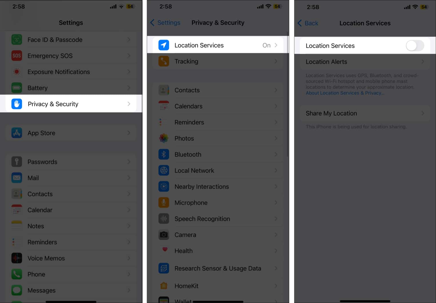 Location Services toggle under Privacy and Security settings on an iPhone