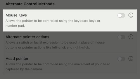 Toggled off Mouse Keys option on a MacBook