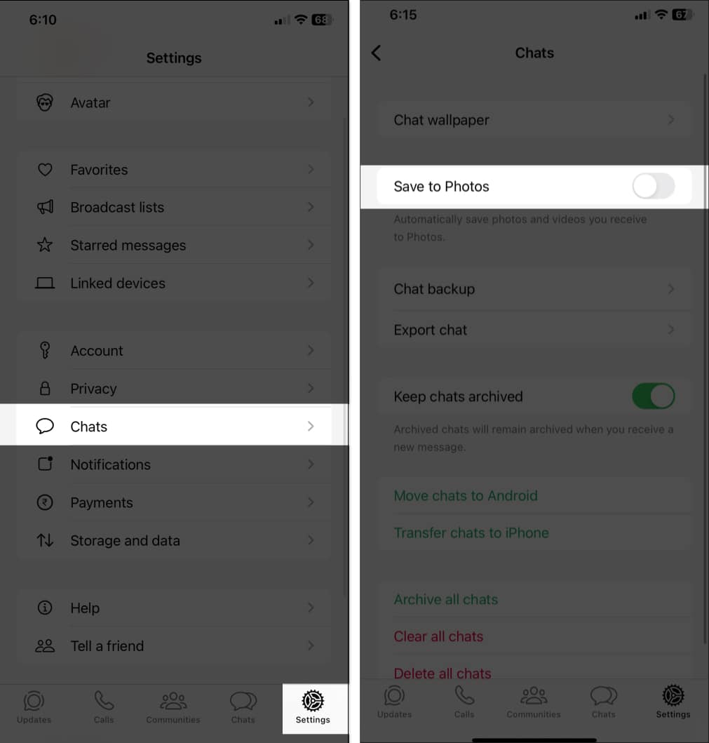 Toggled off Save to Photos option under Chat settings in WhatsApp on an iPhone