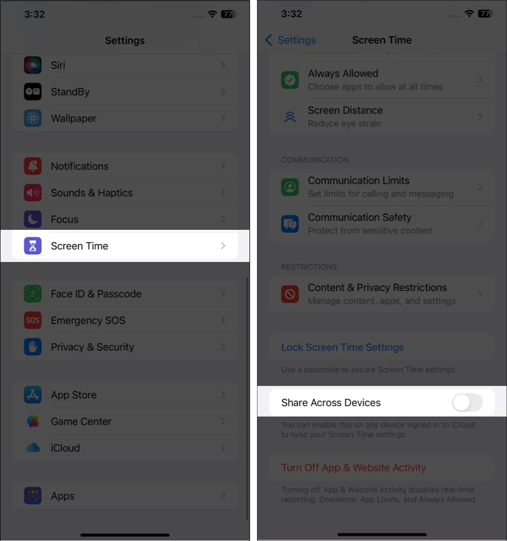 Toggle off Share Across Devices in Screen Time Settings