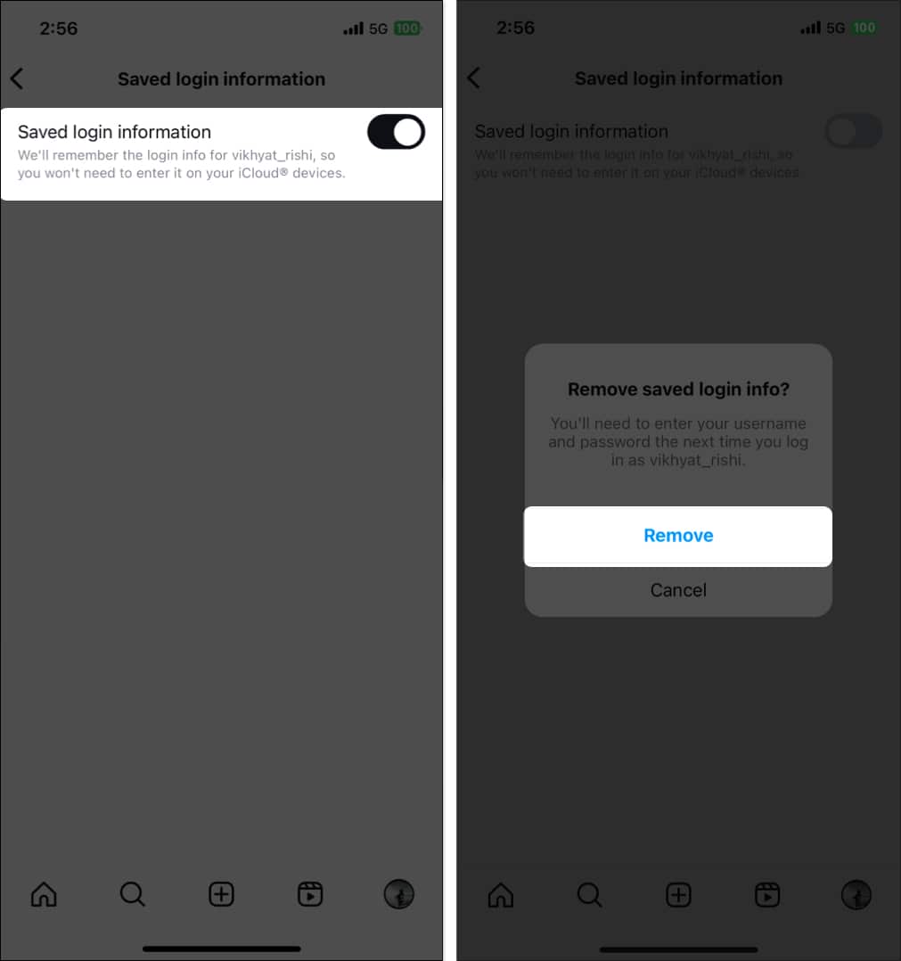 Toggle off saved login information in Instagram