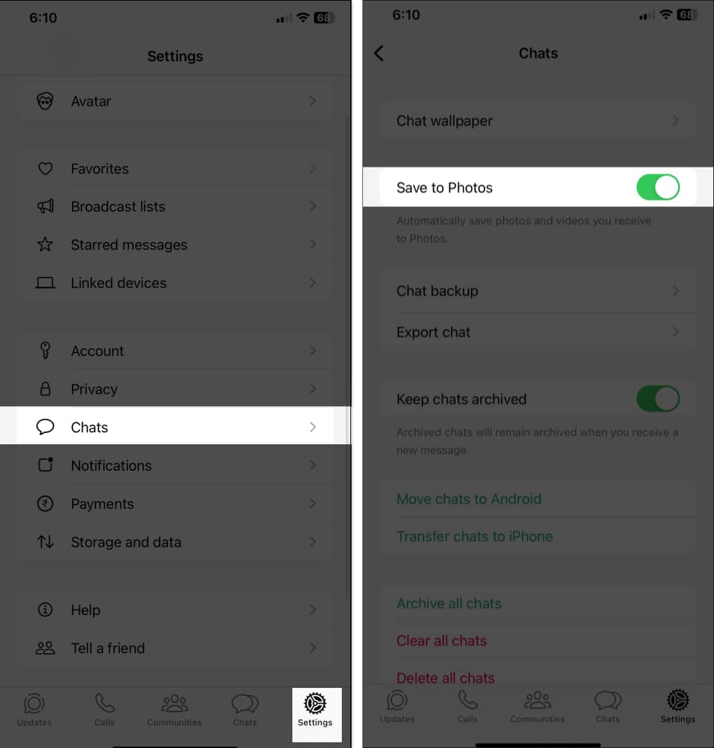 Save to Photos option toggled on under Chats settings in the iOS WhatsApp app