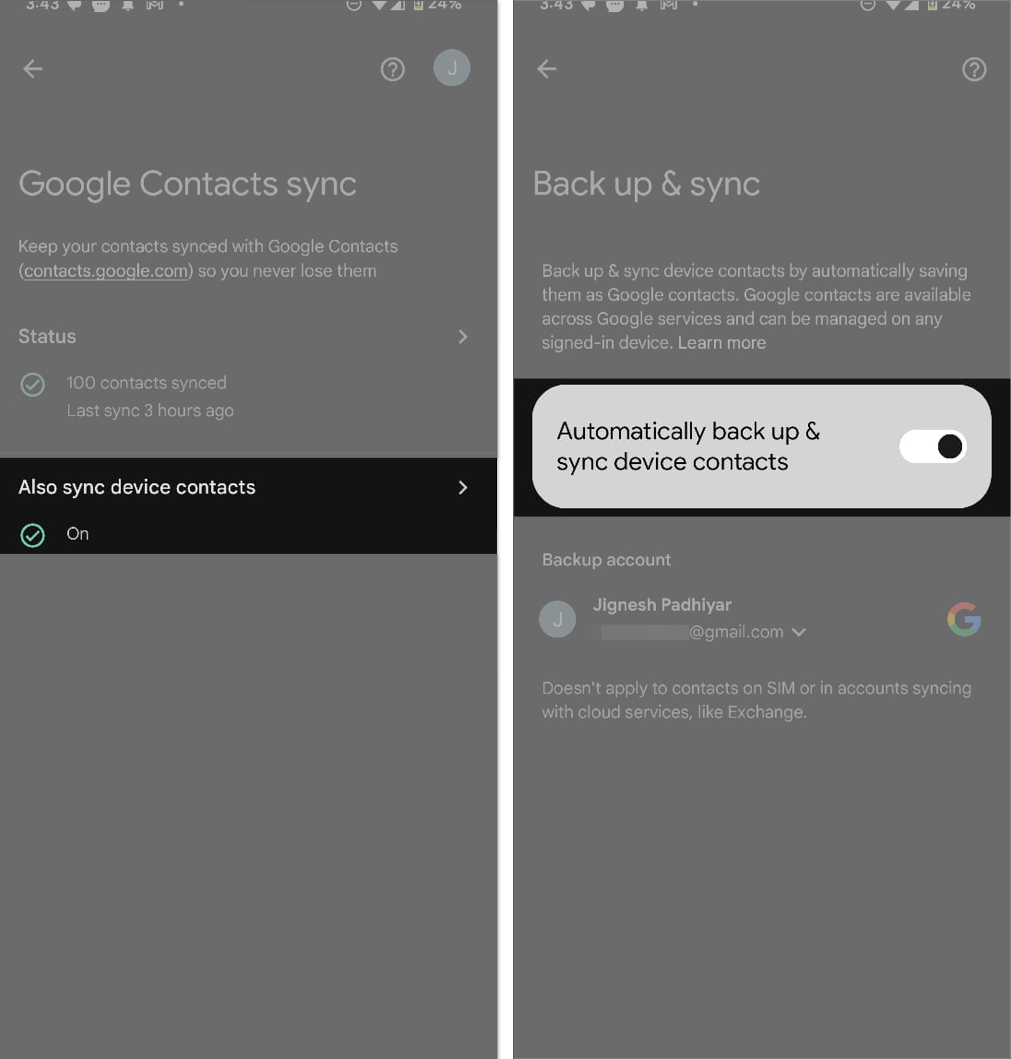 Enabling the auto-sync option in Google Contacts.