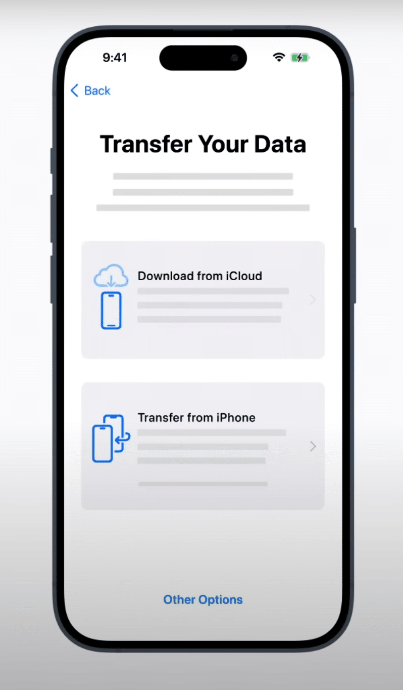 Transfer Your Data screen to choose what data to transfer from the old iPhone to the new one