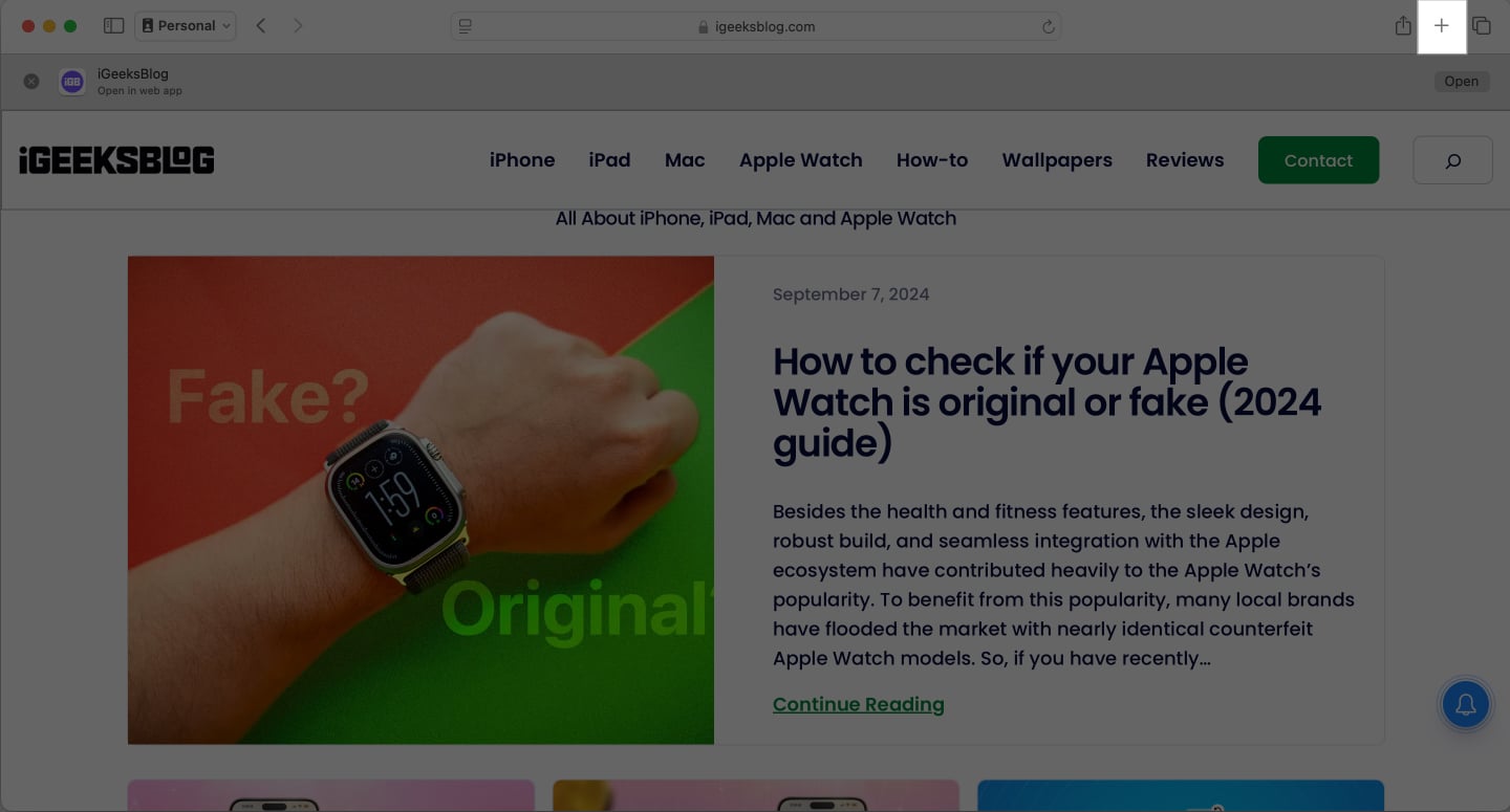 Click on plus icon in Safari