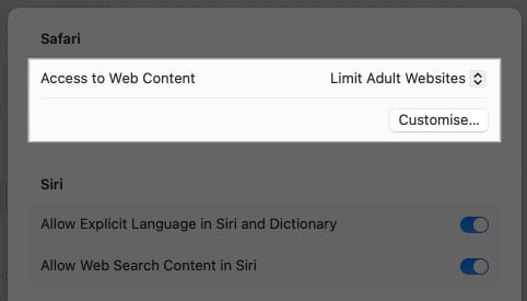 Limit Adult Websites option in Safari settings on a Mac