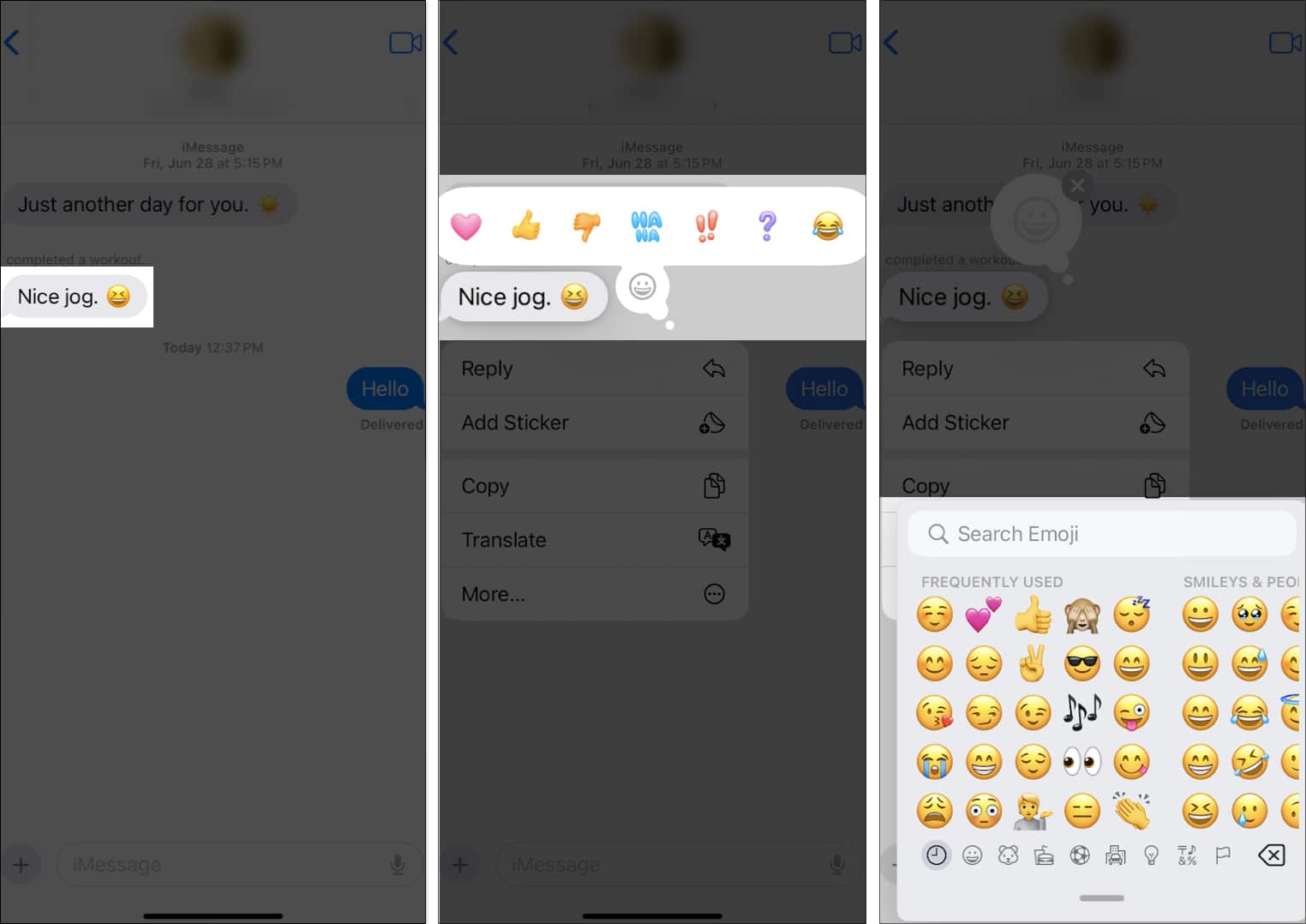 Selecting the emoji to use as a Tapback reaction for a message in the iOS Messages app