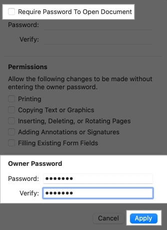 Entering owner password for a locked PDF in the Preview app on a Mac