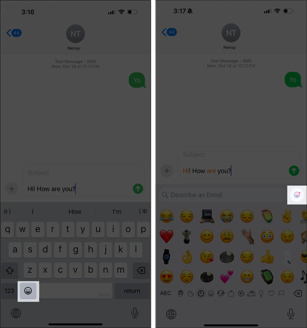 Genmoji button in Messages app on iPhone