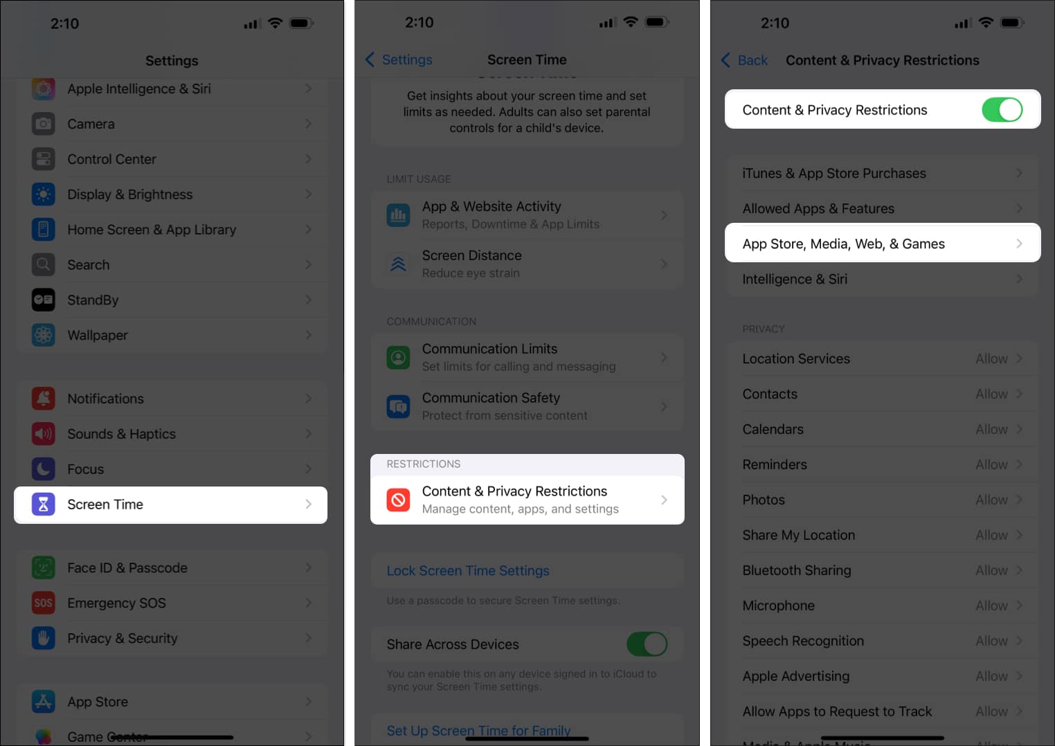 Content Privacy Restrictions option in the iPhone Settings app