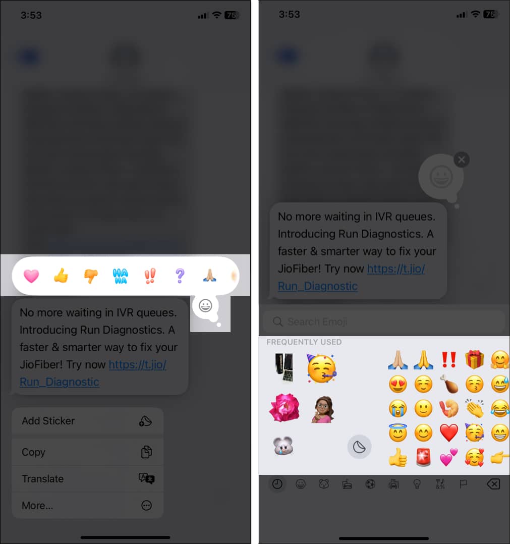 Reacting to a message in the iOS 18 Messages app using an emoji