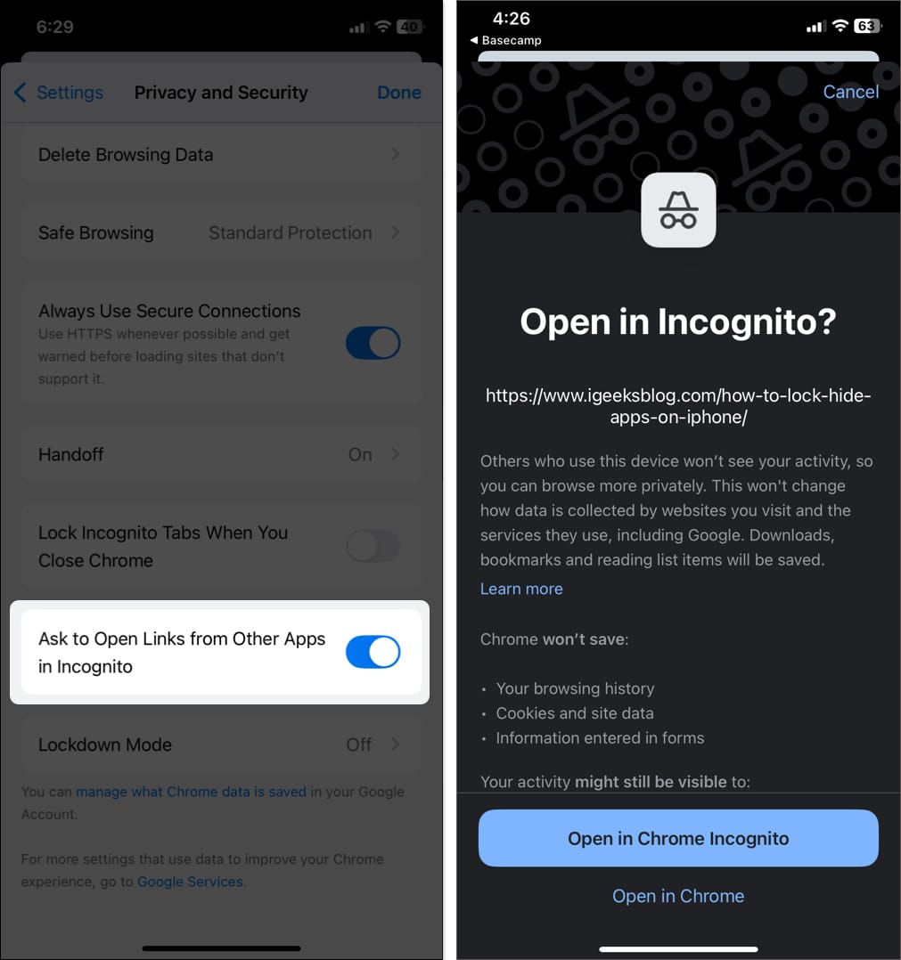 Enabling the Ask to Open Links from Other Apps in Incognito option in Chrome for iPhone settings