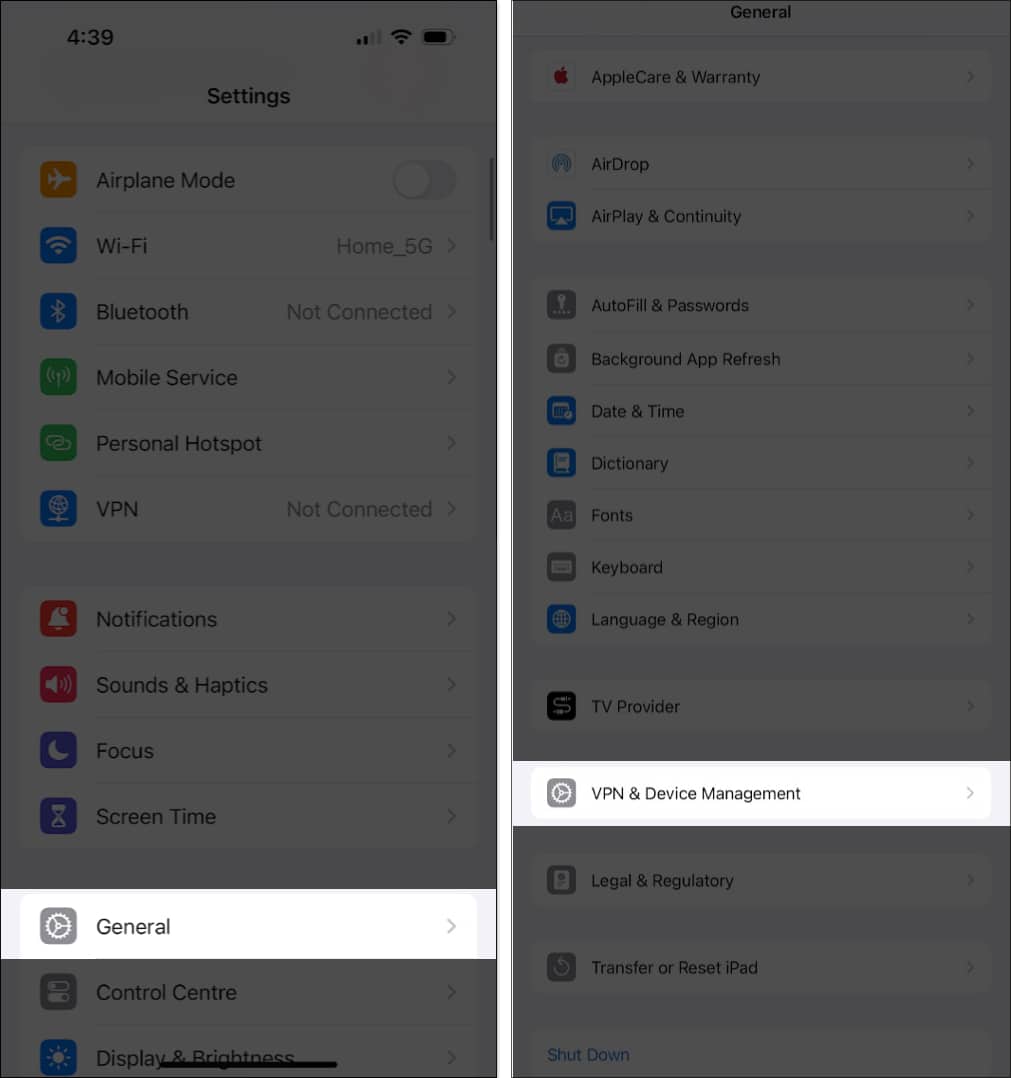 Accessing VPN Device Management settings in the iPhone Settings app