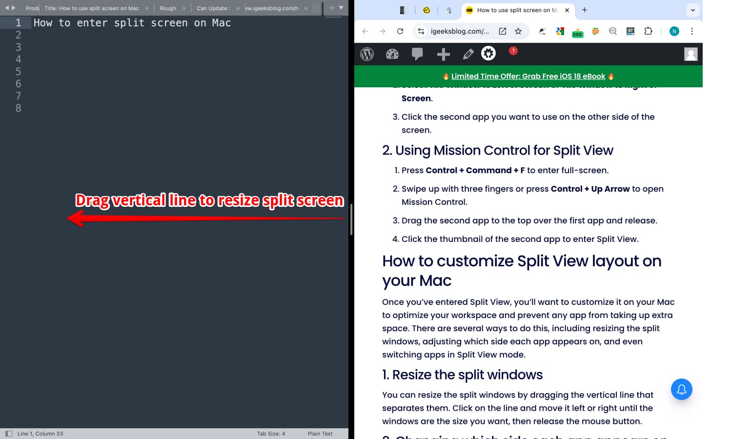 Resizing app windows in split screen mode on a Mac