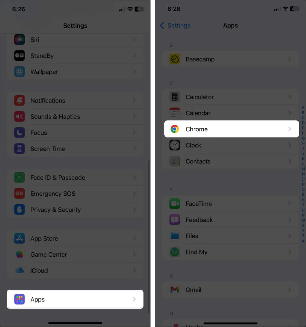 Accessing Chrome settings in the iPhone Settings app