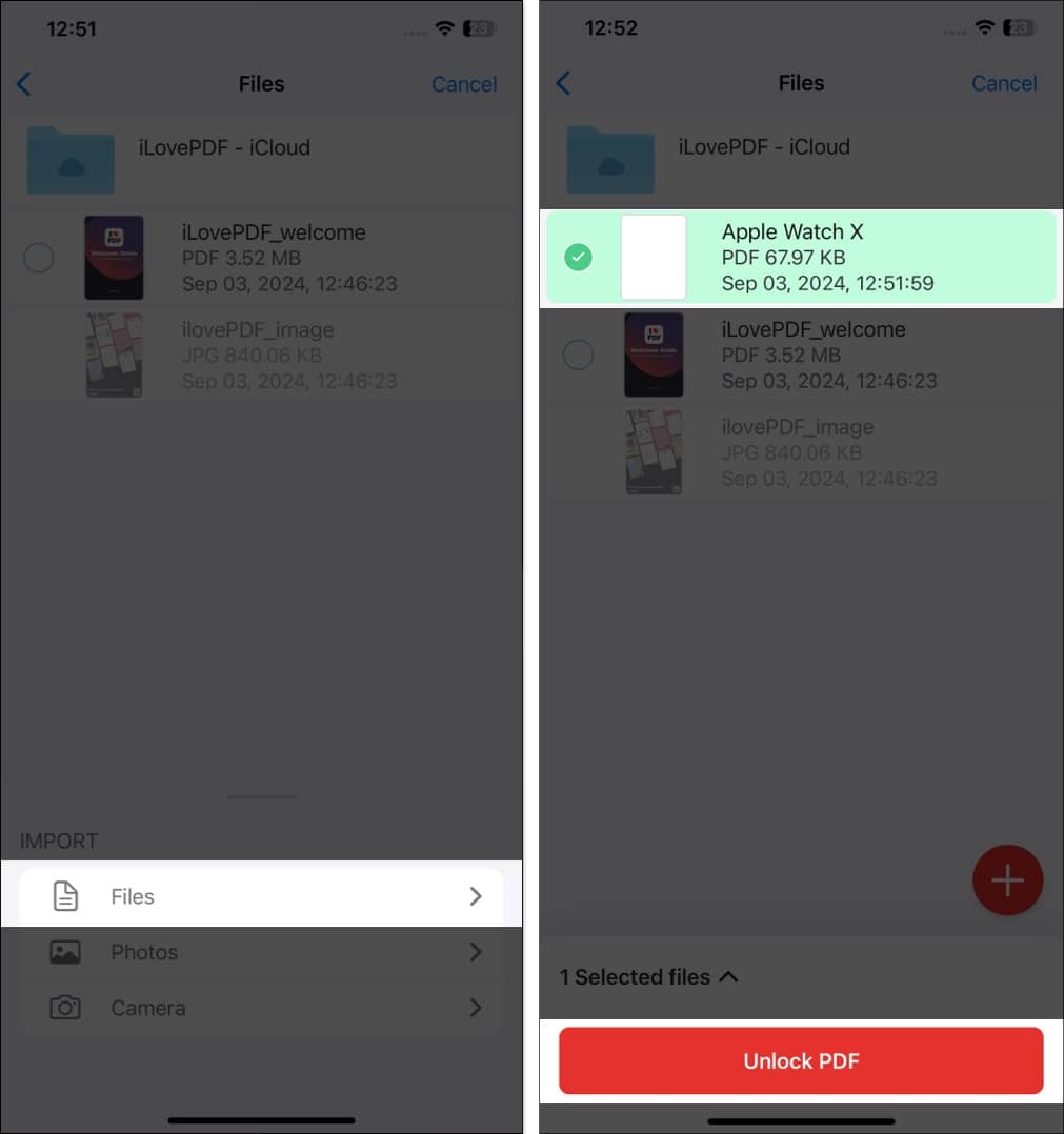 Selecting the file and unlocking it in the iLovePDF app on an iPhone