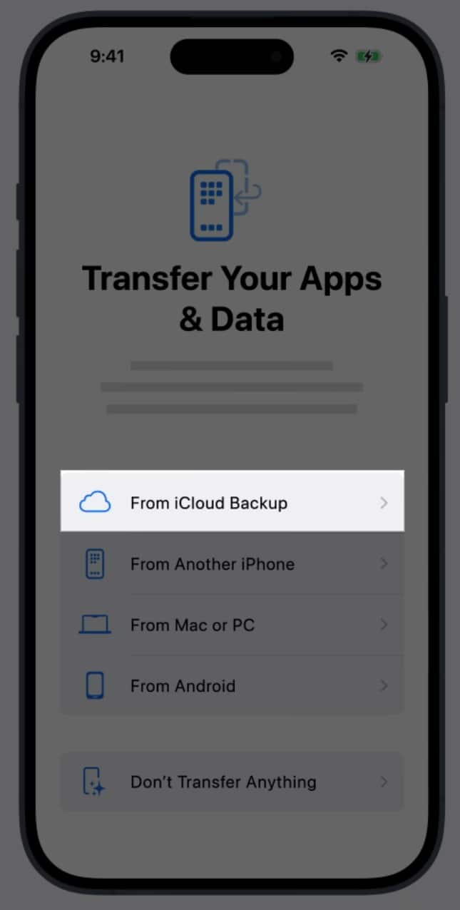 From iCloud Backup option on the Transfer Your Apps Data page