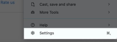 Settings option in Chrome menu bar