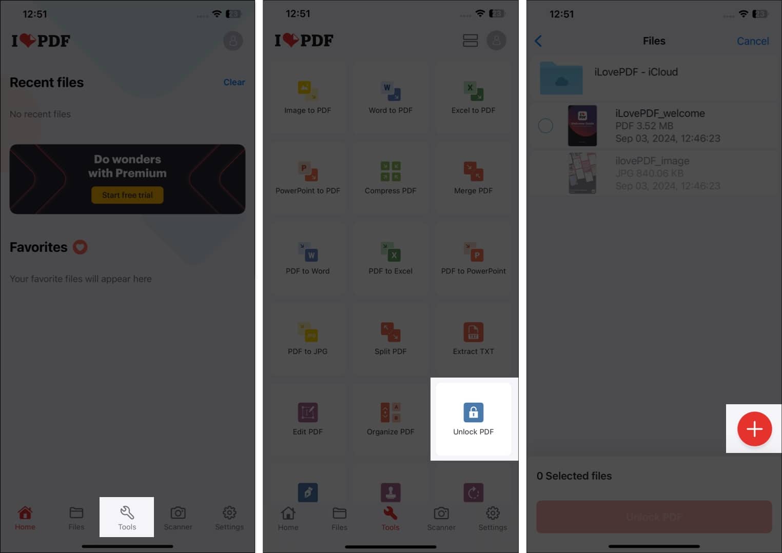 Adding the password protected PDF document to the iLovePDF app