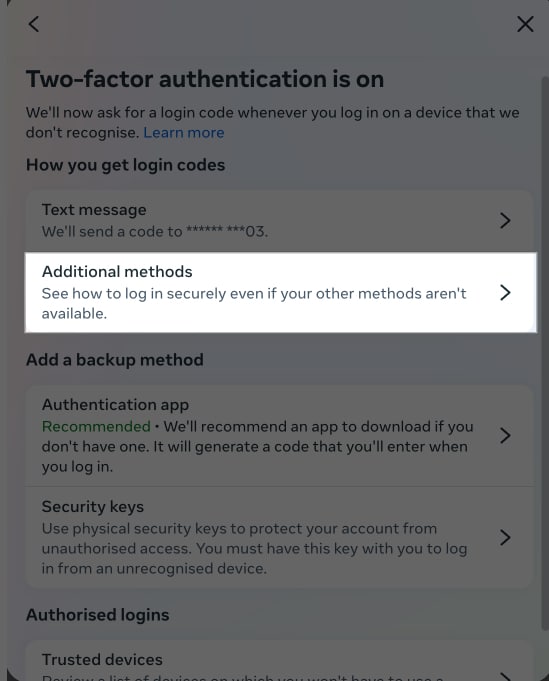 Select additional method to set two factor authentication in Facebook